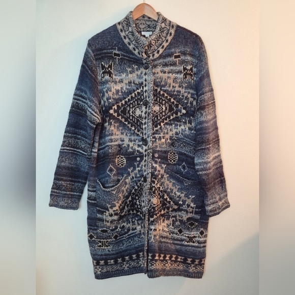 NWOT J Jill Long Duster Cardigan Heavy Fairisle Southwestern Wool Blend - Picture 1 of 7